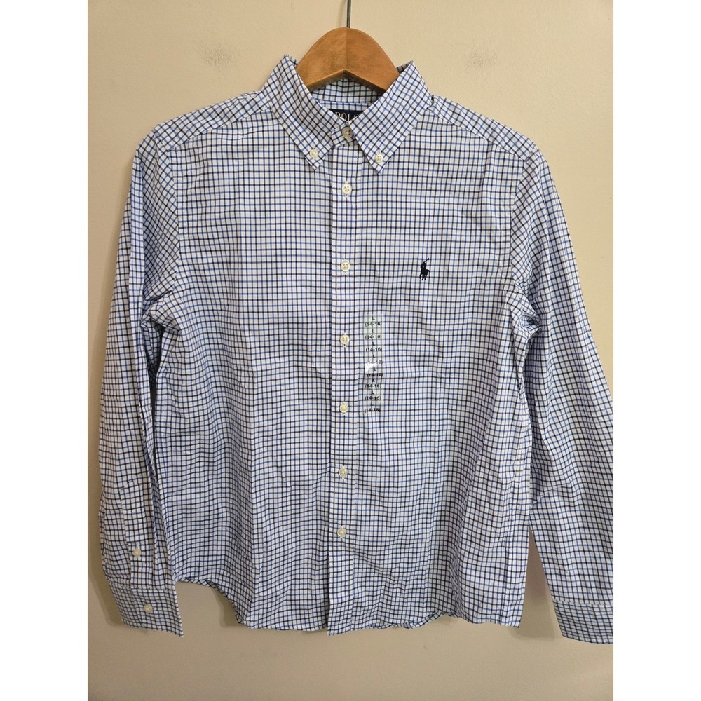 Polo Ralph Lauren Boys L 14-16 Shirt NWT Long Sleeve Blue Check Button Down